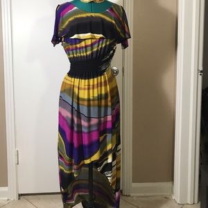 Multicolor elastic waist high low dress