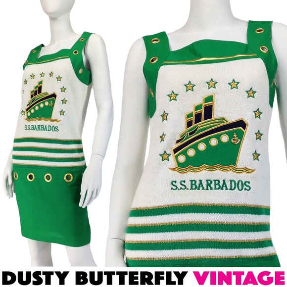 [SOLD]VINTAGE 80s NAUTICAL KITSCH DRESS Emerald Gr - Picture 1 of 5