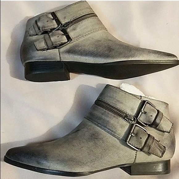 Zip Buckle Burnished Grey Pointy Toe Booties - Picture 3 of 5