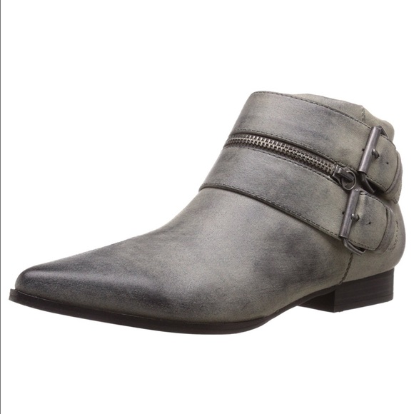 Zip Buckle Burnished Grey Pointy Toe Booties - Picture 4 of 5