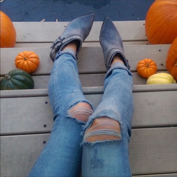 Zip Buckle Burnished Grey Pointy Toe Booties - Picture 2 of 5