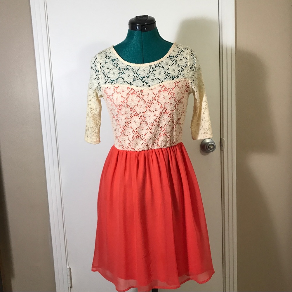 Super cute coral colored and lace dress