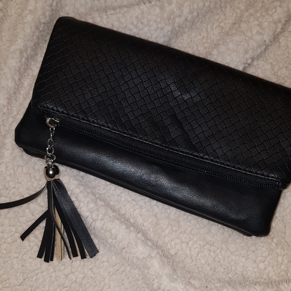 Leather black tassle clutch