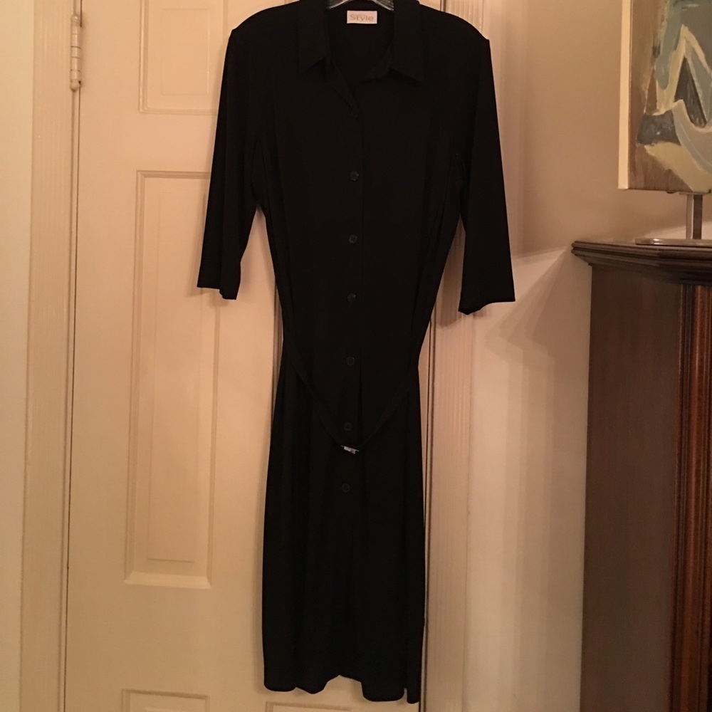Soft black nylon shirtdress with thin fabric belt