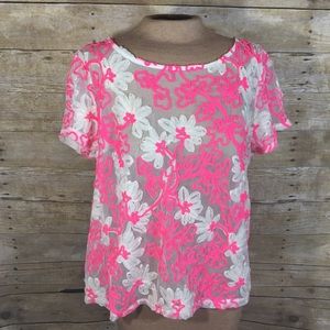 Meadow Rue Anthropologie White Pink Floral Top LG