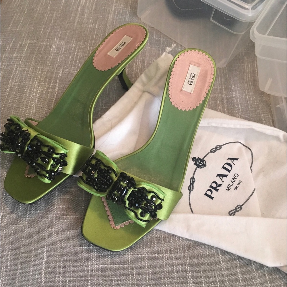 Green satin Prada kitten heels with beading