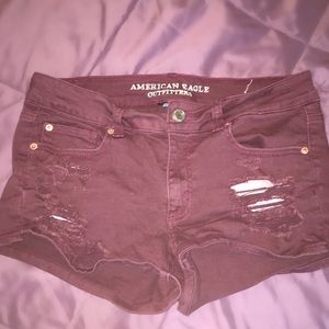Distressed denim shorts, Maroon and stretchy