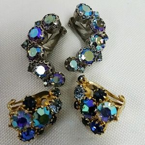 VINTAGE AURORA BOREALIS RHINESTONE EARRINGS 2 PAIR