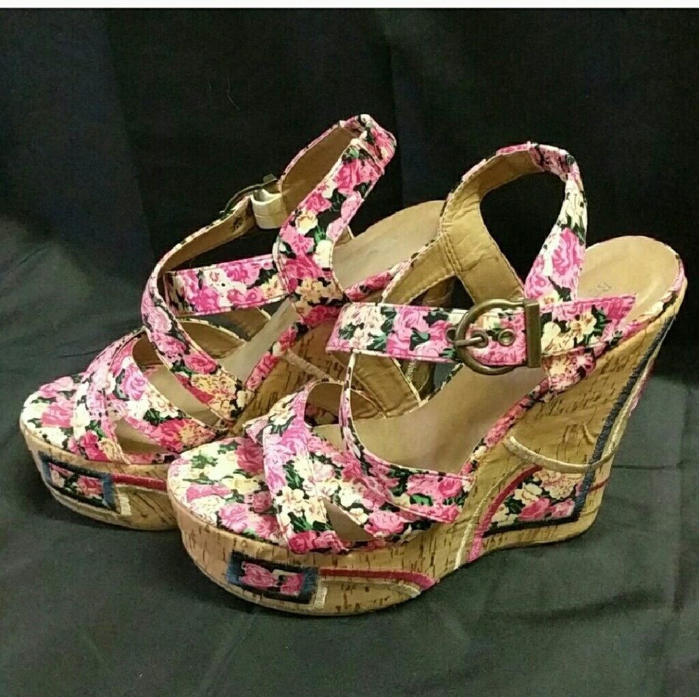Floral Strappy Cork Wedges