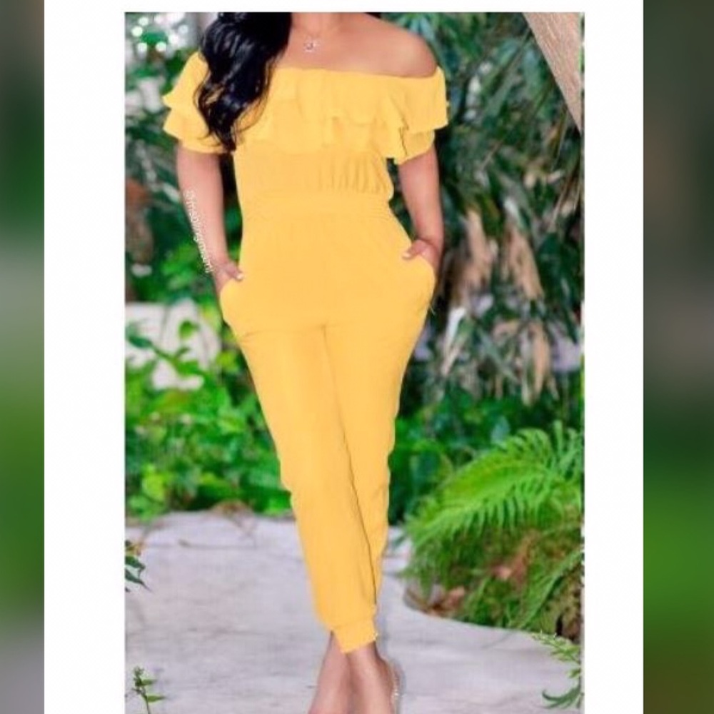 Off shoulder Ruffle jumpsuit-- Mustard