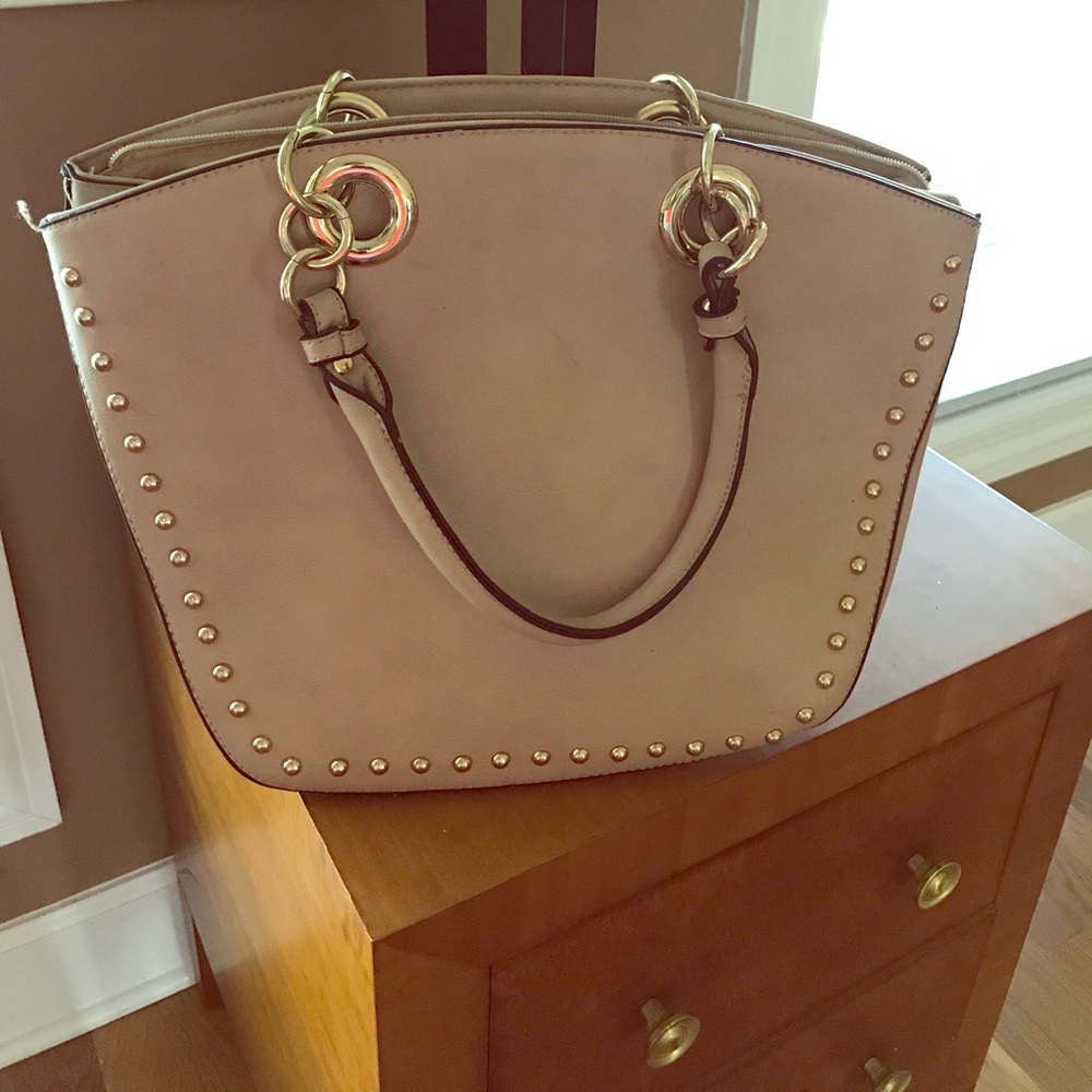 Large Studded Tan or Cream Tote w/ Gold detailing