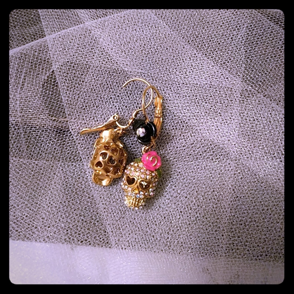 Betsey Johnson skull, flower, and hearts earrings