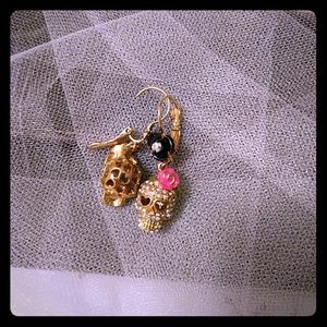 Betsey Johnson skull, flower, and hearts earrings