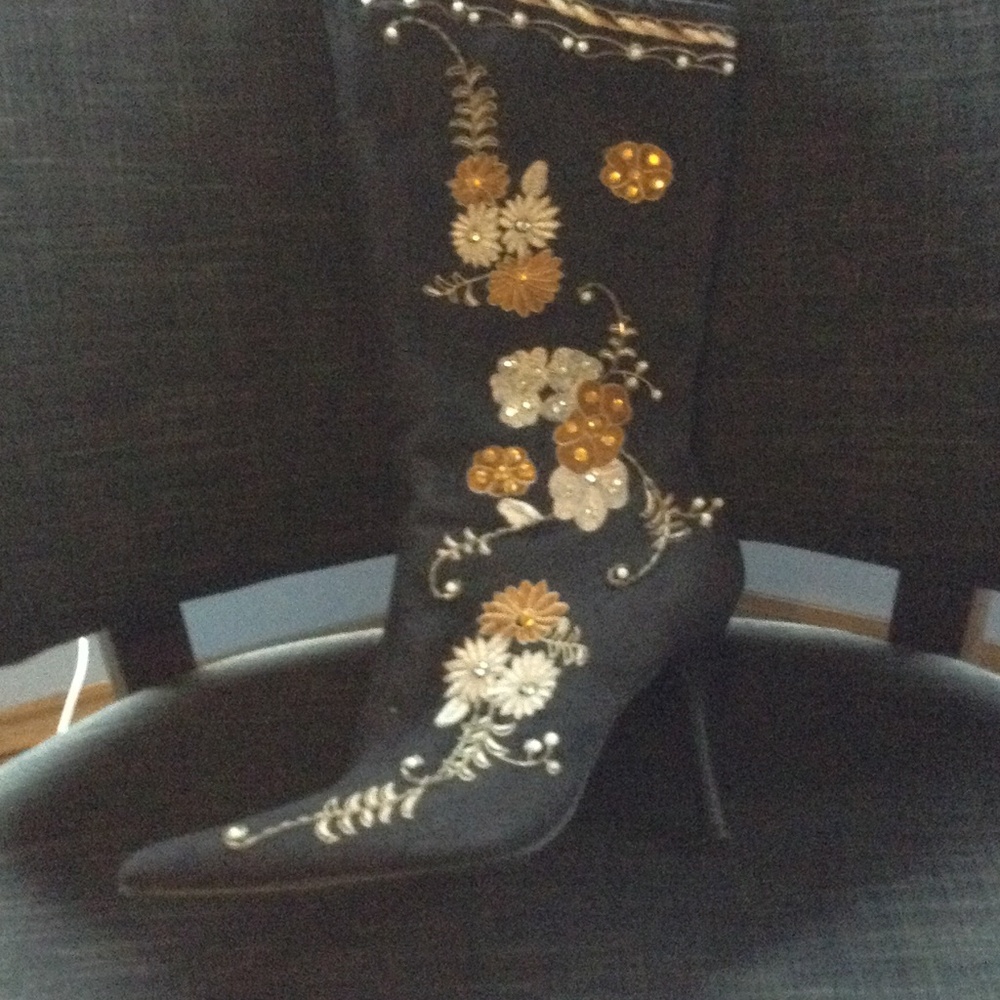 Black suede jeweled mid length boot