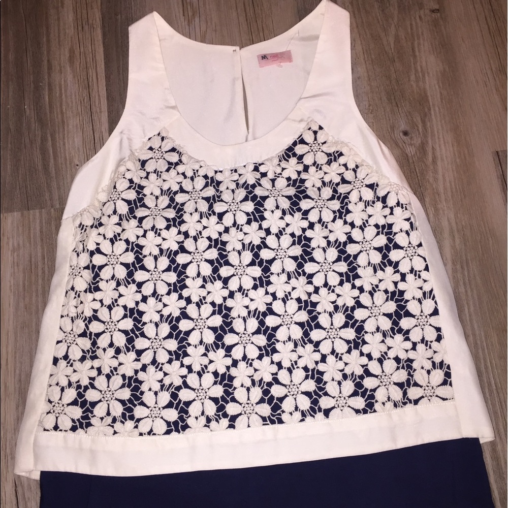 Creme and blue silk top