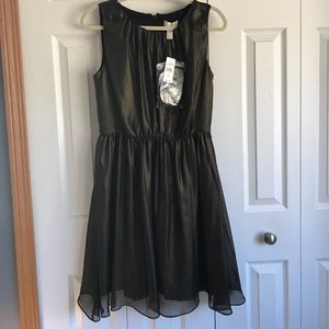 LOFT Bronze shimmer dress with black and gold belt