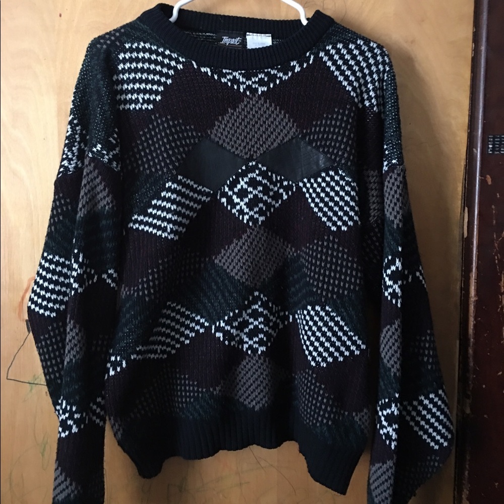 Argyle Sweater w/ Leather Detailing