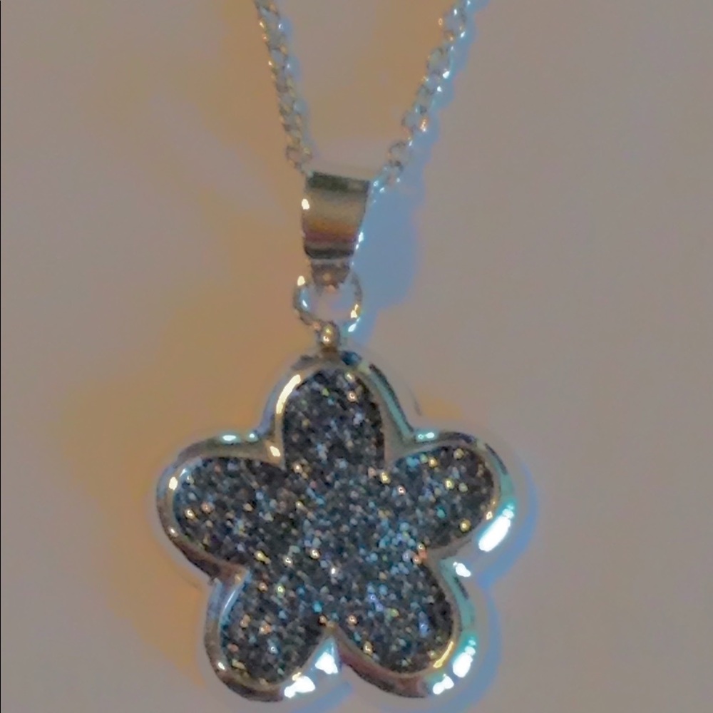 Blue Glitter Flower Pendant Necklace