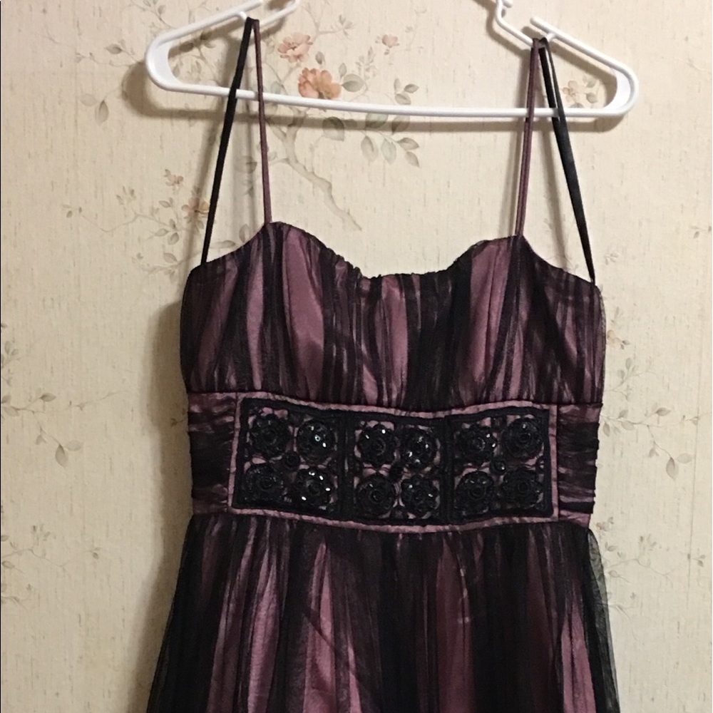 Pink with black overlay dress. Pet friendly home
