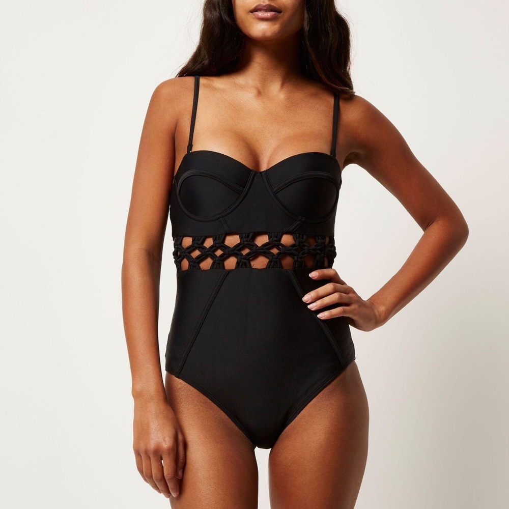 River Island Bustier Macrame Black Swimsuit