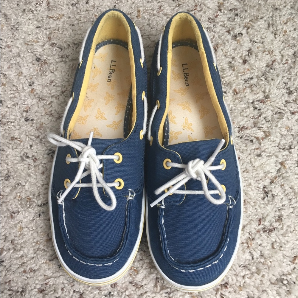 L.L. Bean navy canvas boat shoes.