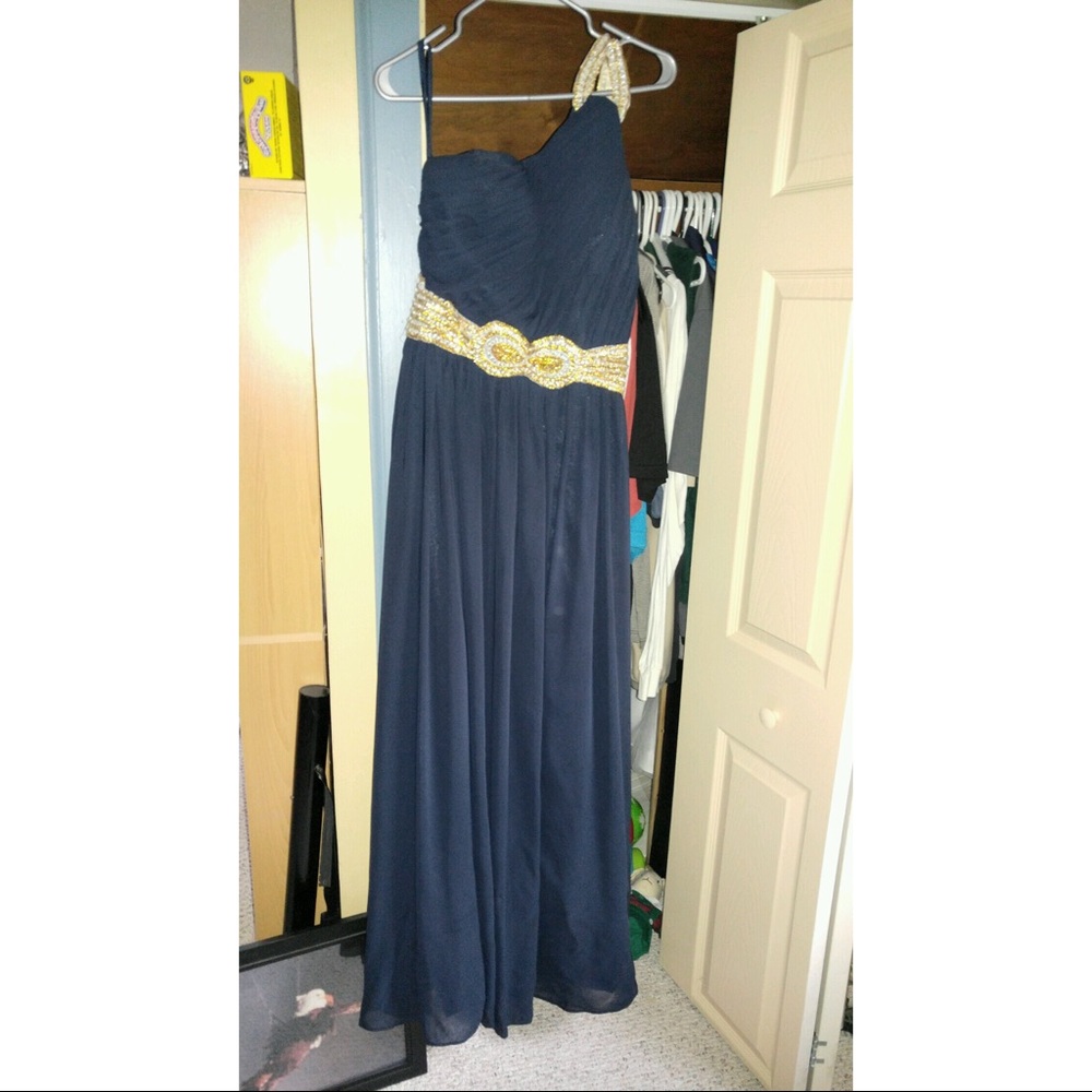 Navy gown with gold and silver sequence