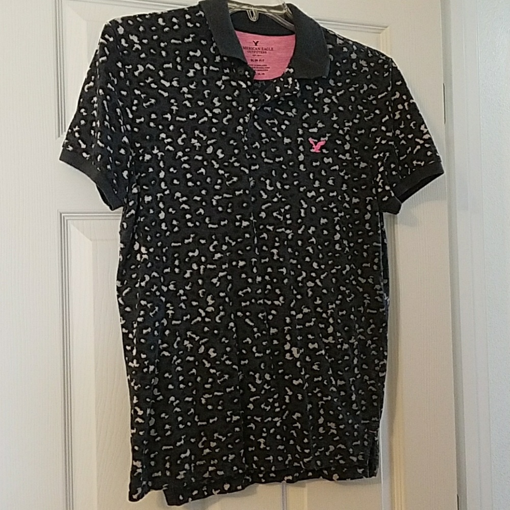 Navy with Gray small print and pink accents polo
