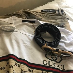 Balmain Pants , Gucci Shirt , And Designer Belts