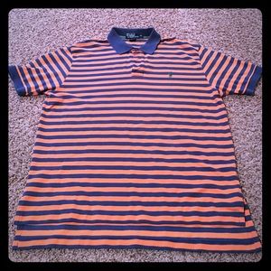 Orange and navy blue men's striped polo shirt