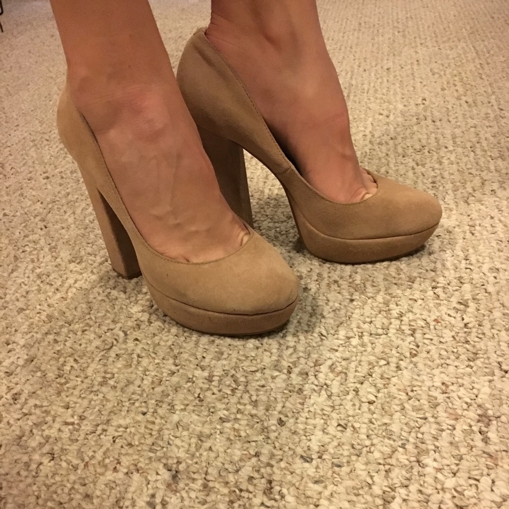 Nude suede block heels
