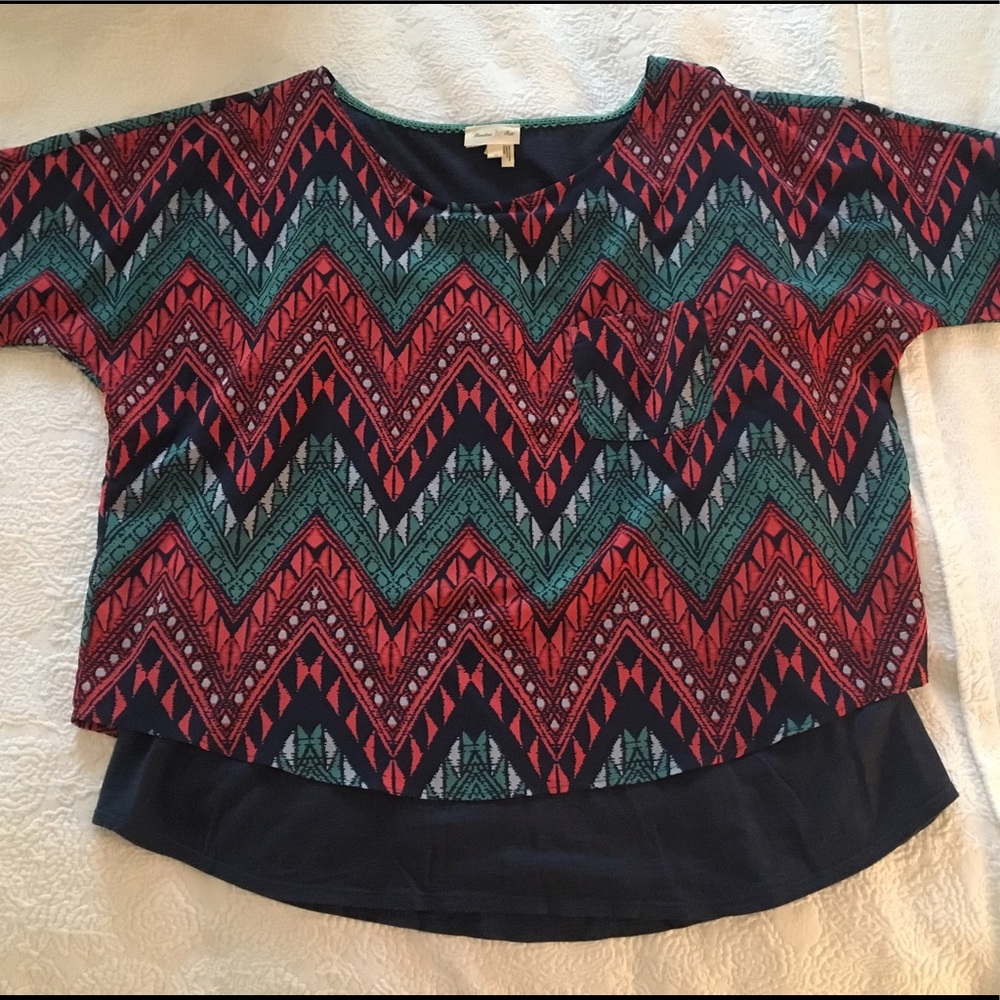 Meadow Rue layered pocket tee, navy and jewel tone