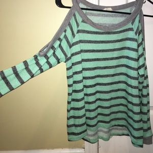 MINT STRIPED COLD SHOULDER SWEATER