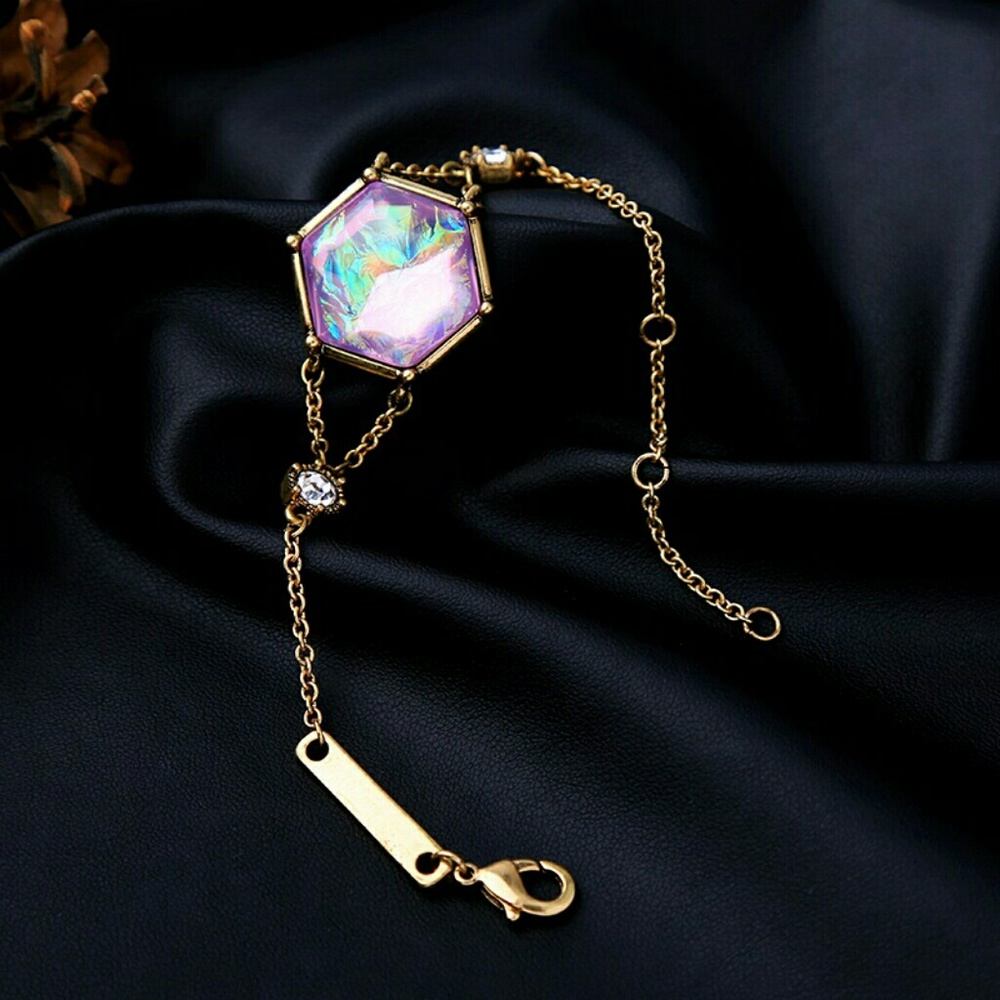 Hexagon Purple Faceted Gem Stone Gold Bracelet - Picture 2 of 8