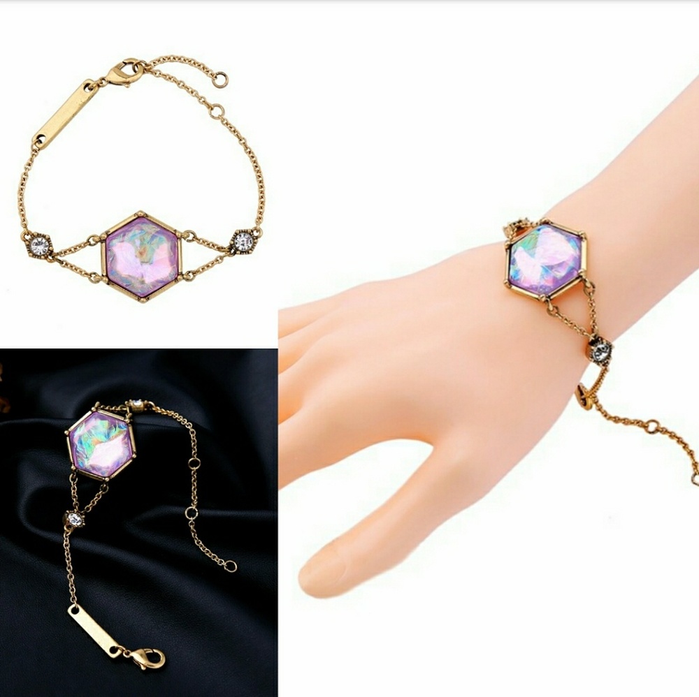 Hexagon Purple Faceted Gem Stone Gold Bracelet - Picture 1 of 8