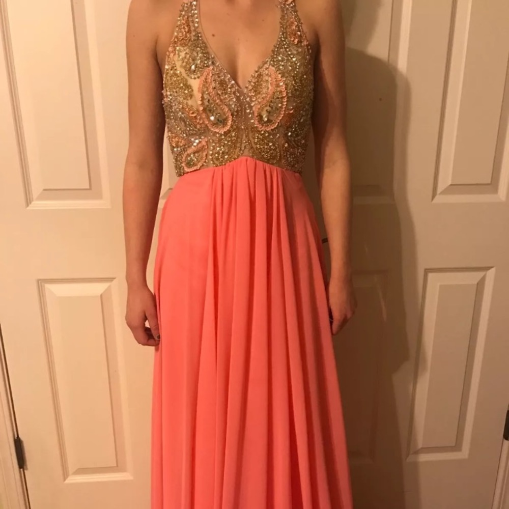 Stunning coral/gold sequin prom dress