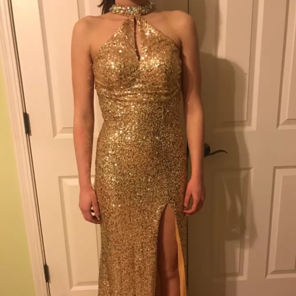 Beautiful long gold sequin prom dress