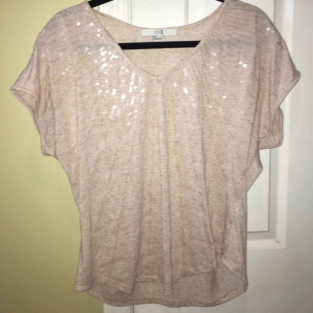 SEQUIN BEIGE FLOWY V NECK
