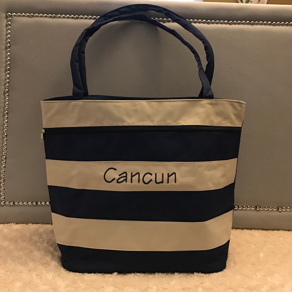Navy and Beige Striped Beach Bag