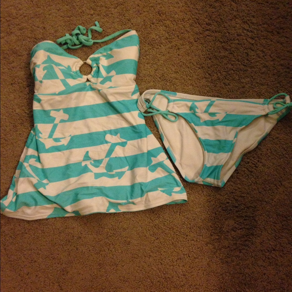 Teal/white anchor tankini top and tie bottoms