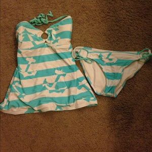 Teal/white anchor tankini top and tie bottoms