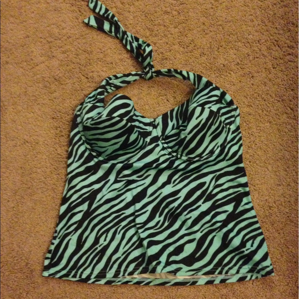 Teal/black zebra tankini