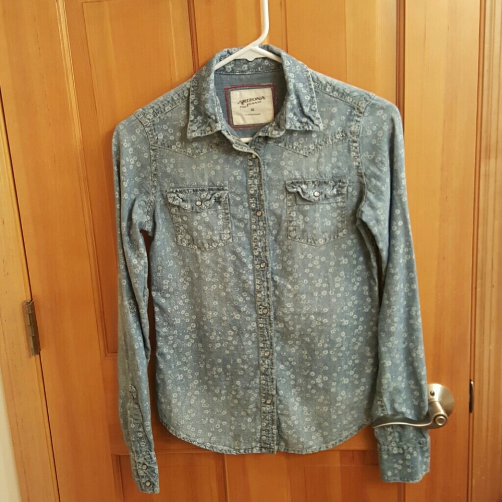 Faux Denim Button-Up with Printed Floral Design