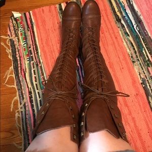Brown leather lace-up over the knee boot