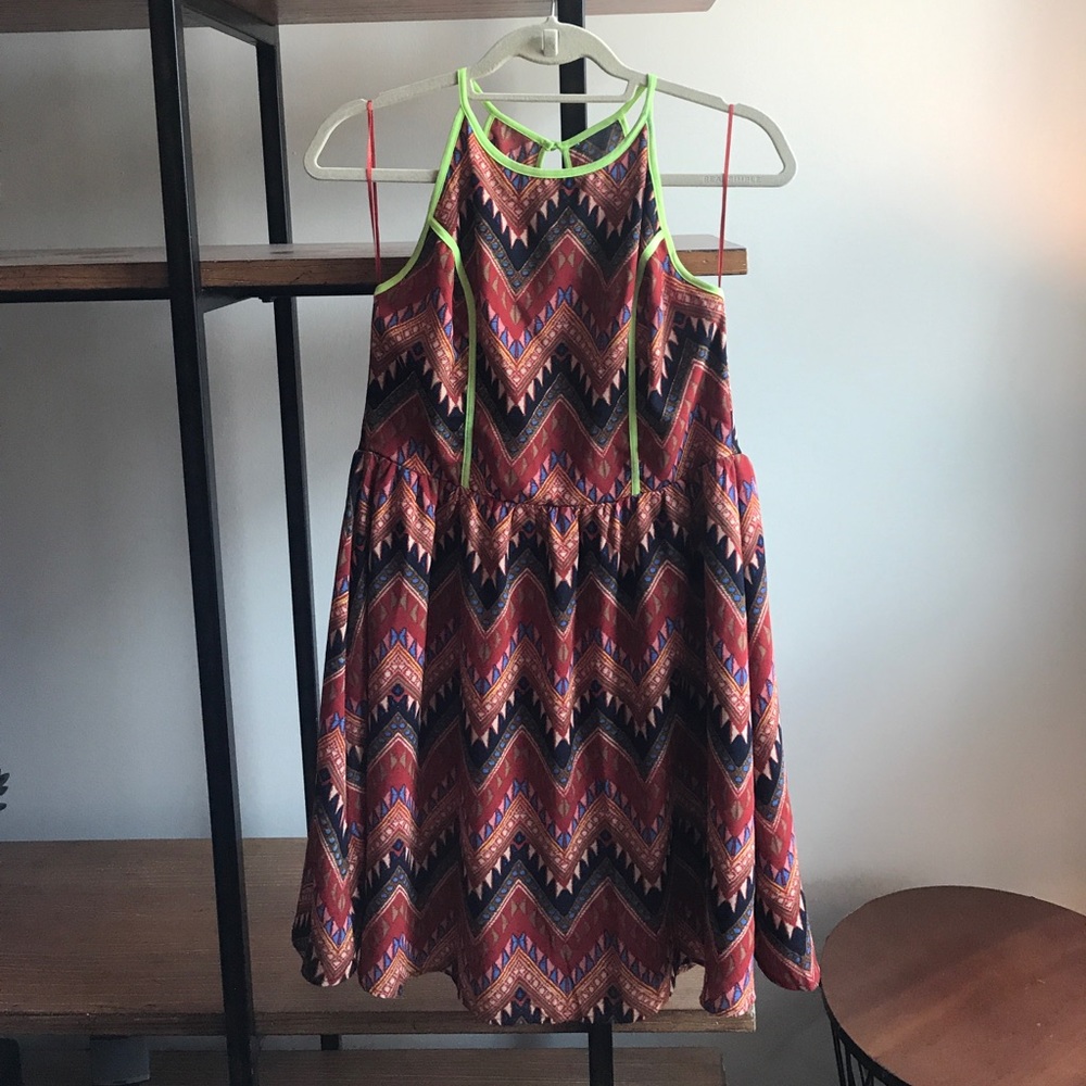 Red Print Dress with Neon Piping and Open Back
