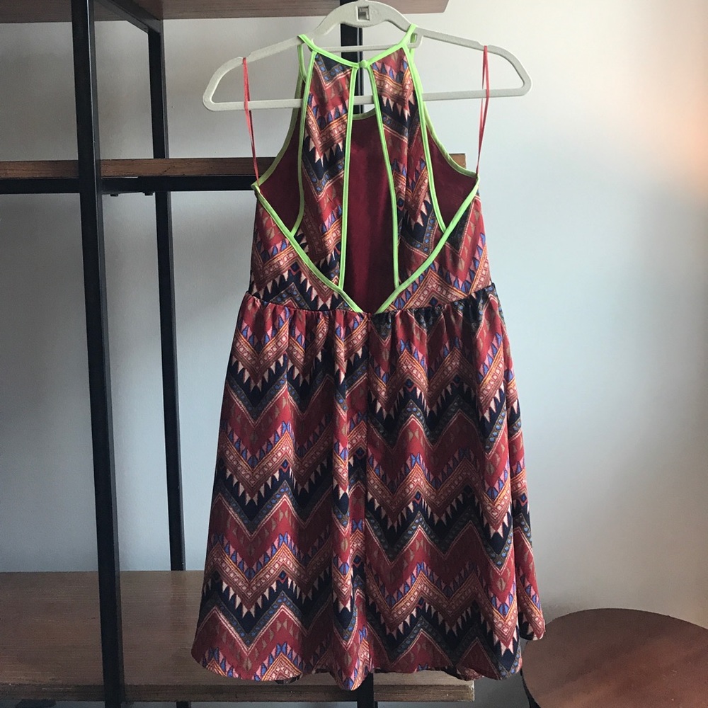 Red Print Dress with Neon Piping and Open Back - Picture 2 of 4