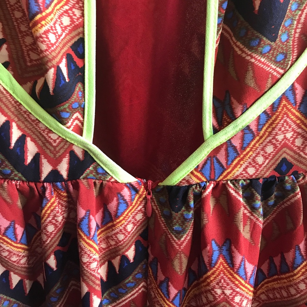Red Print Dress with Neon Piping and Open Back - Picture 3 of 4