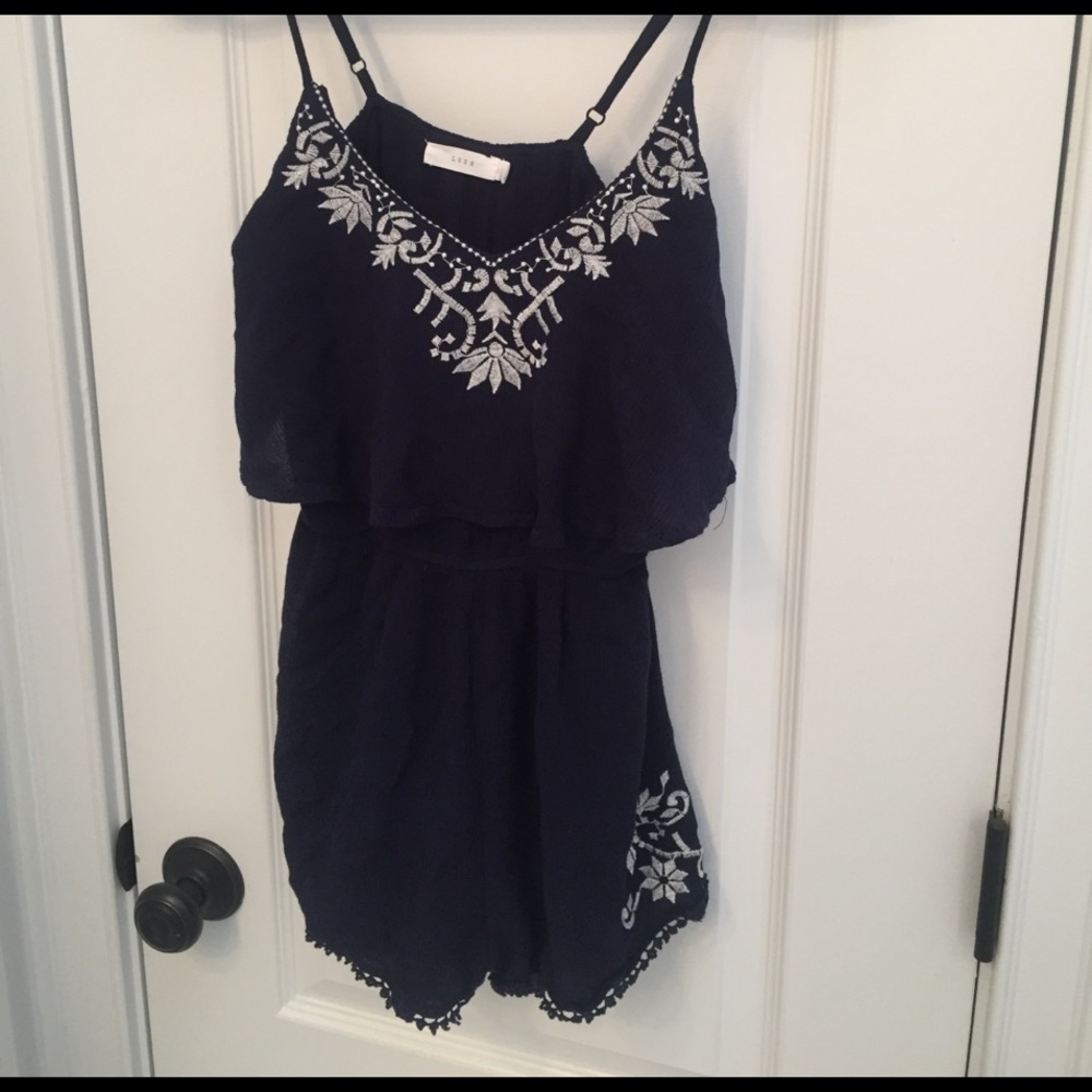 Juniors romper- Navy with white embroidery