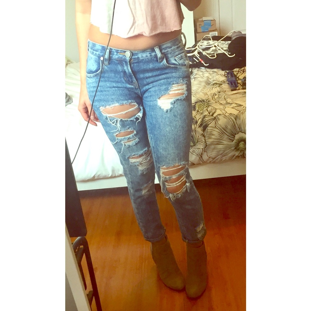 Destroyed Boyfriend Jeans Indigo Blue Wash