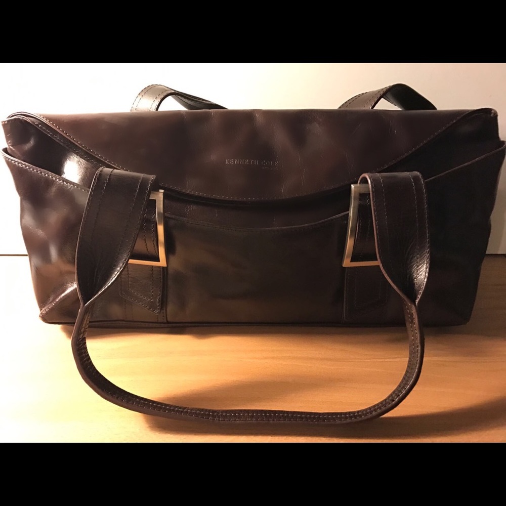 Dark brown leather top handle bag, triangular