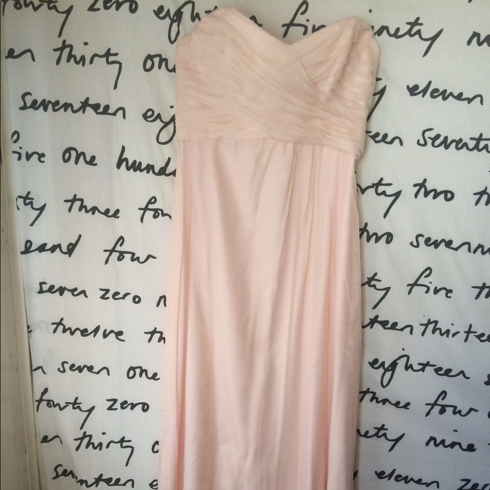 Amsale strapless chiffon bridesmaid dress.